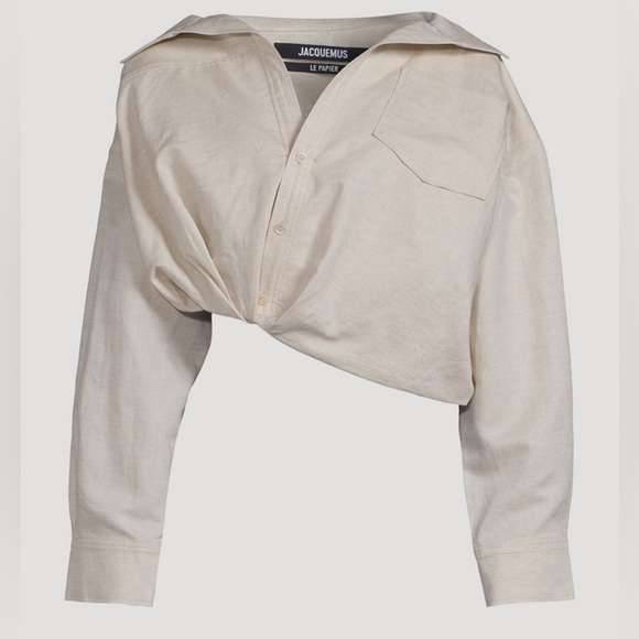 Jacquemus Mejean Cropped Linen Cotton Shirt White Oversized Button Down 34 XS - Picture 4 of 13